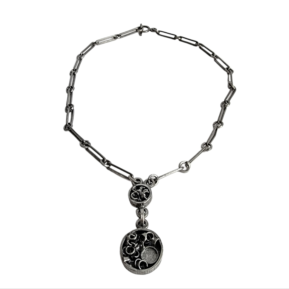 Lysgaard Denmark Necklace Danish Modern Brutalist MCM Pendant Pewter Silver Tone